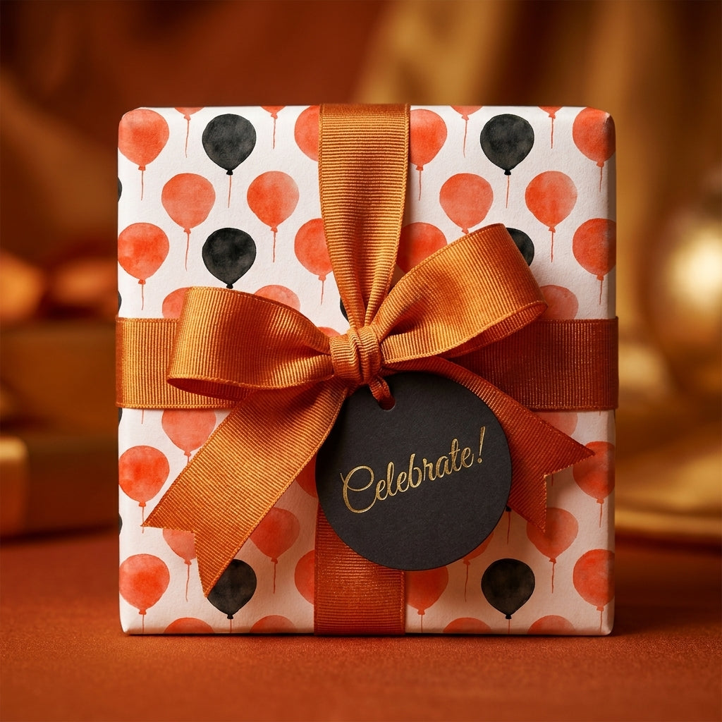 Orange and black balloon birthday wrapping paper with ribbon and Celebrate tag by Wrapped Studios.