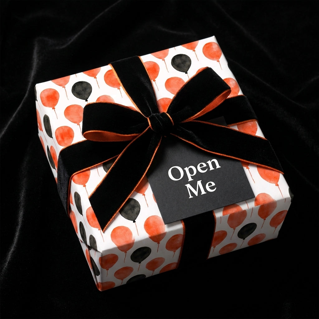 Orange and black balloon wrapping paper with a luxury velvet bow and Open Me tag by Wrapped Studios.