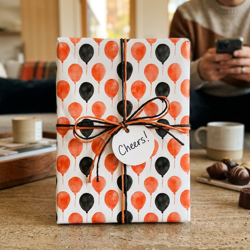 Orange and black balloon birthday wrapping paper by Wrapped Studios with a Cheers tag and twine bow.