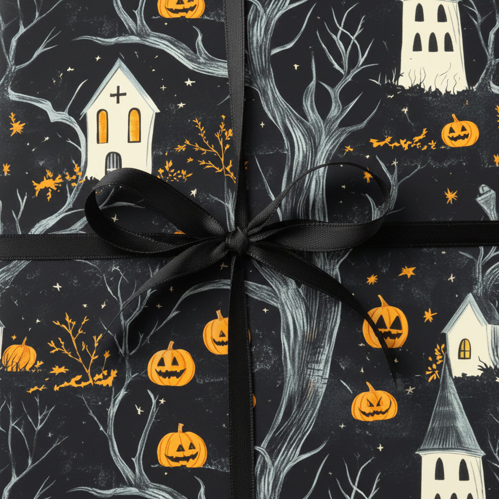 Gift wrapped in Halloween wrapping paper, featuring pumpkins, haunted houses, trees, and a black satin bow.