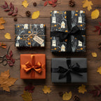 Halloween gift wrap: presents with haunted house and pumpkin designs, black ribbons, and fall leaves on a wood surface.