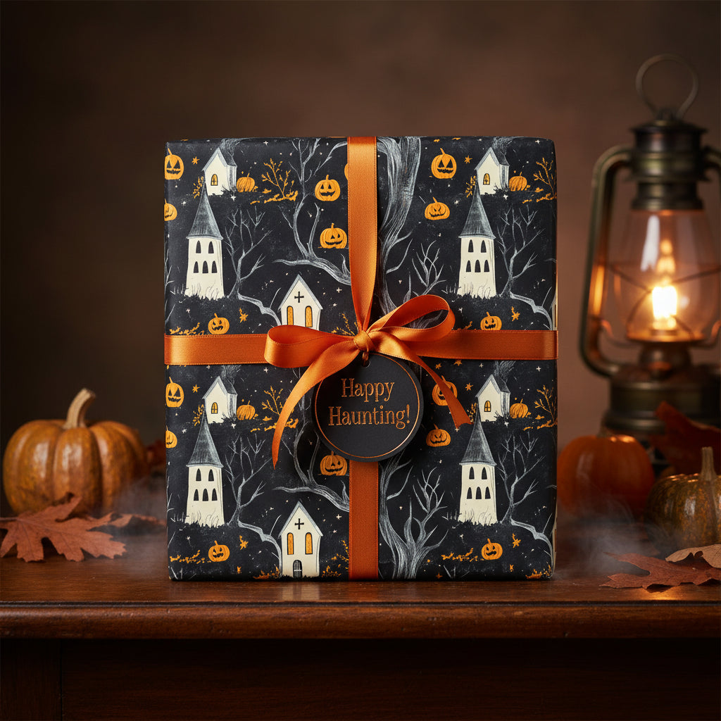 Spooky Halloween gift wrap with haunted house and pumpkin pattern, tied with orange ribbon and "Happy Haunting!" tag.