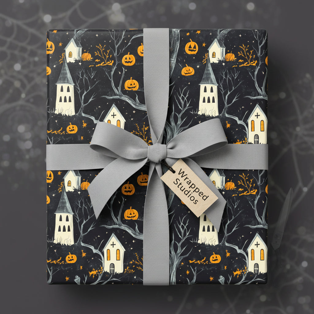 Gift wrapped in Halloween wrapping paper with pumpkin and haunted house pattern and grey ribbon.