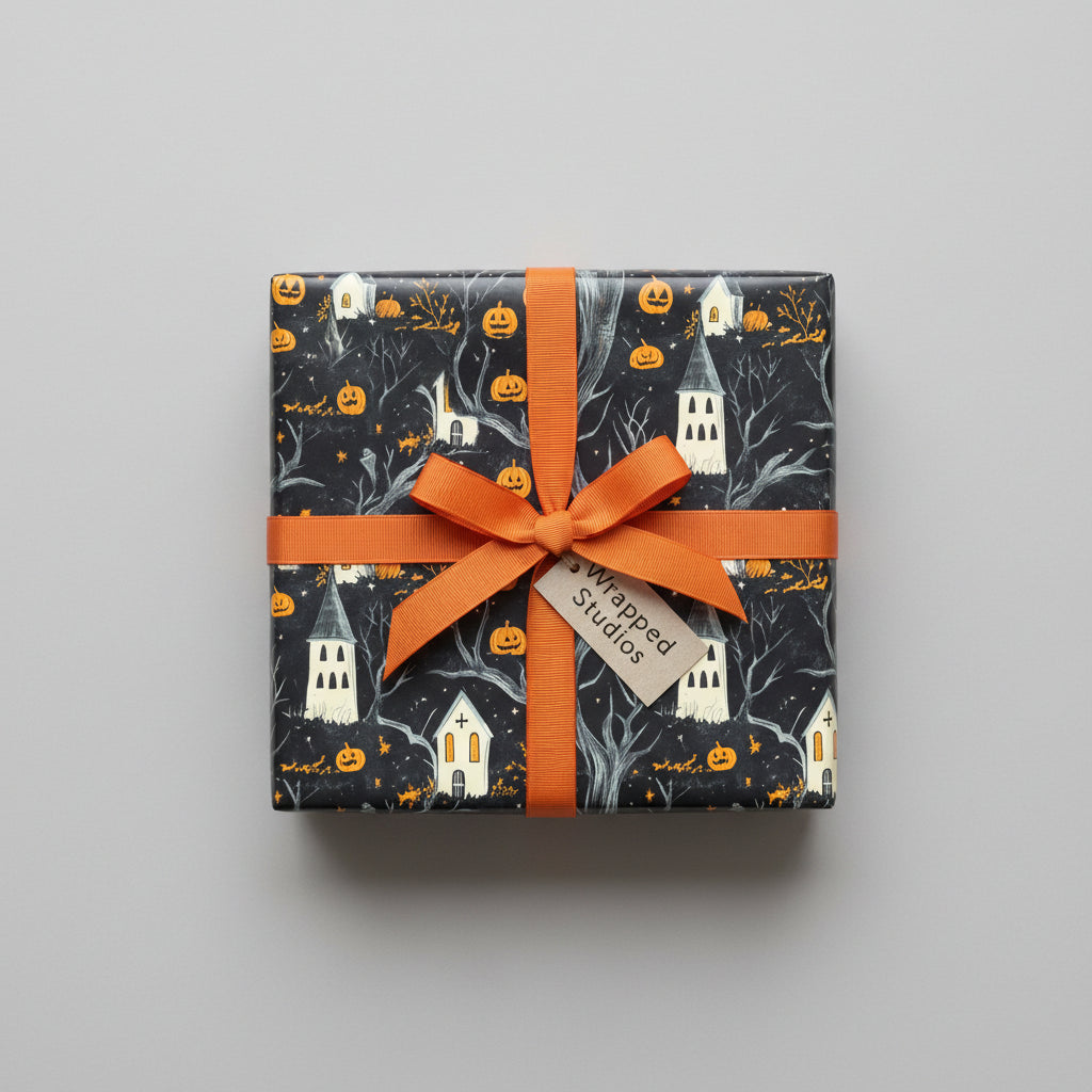 Gift wrapped in black Halloween wrapping paper with spooky houses and pumpkins, tied with an orange ribbon.