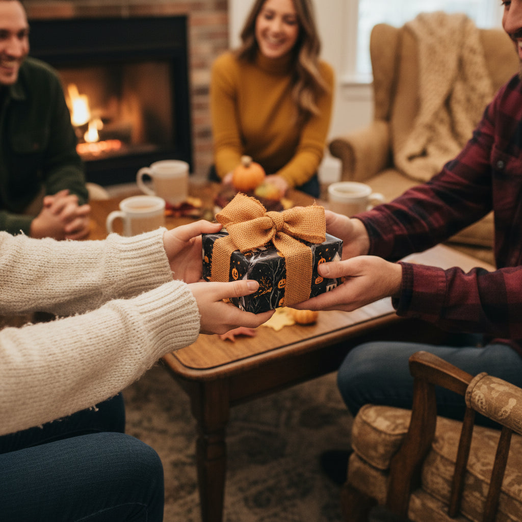 Exchanging a Halloween gift wrapped in spooky pattern gift wrap with a burlap ribbon, fireside gathering scene.