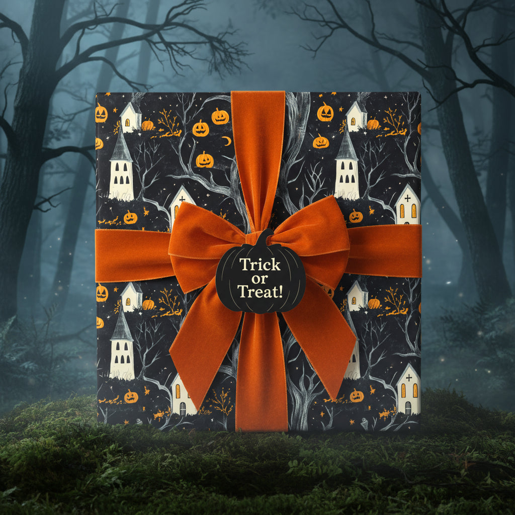 Elegant Halloween gift wrap with a spooky haunted house and pumpkin pattern, tied with a rust-colored velvet ribbon.