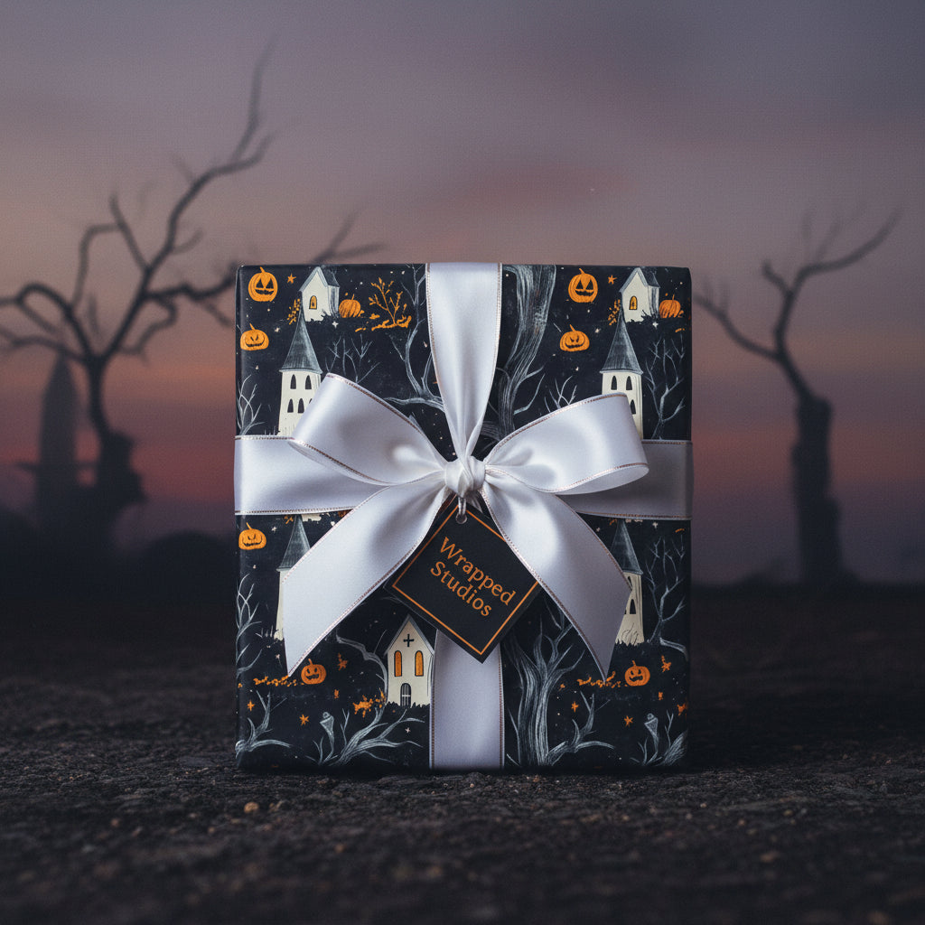Spooky Halloween gift wrap with pumpkins and haunted houses, finished with a satin white ribbon and tag.