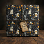 Gift wrapped in Halloween wrapping paper with a dark spooky house and pumpkin design.