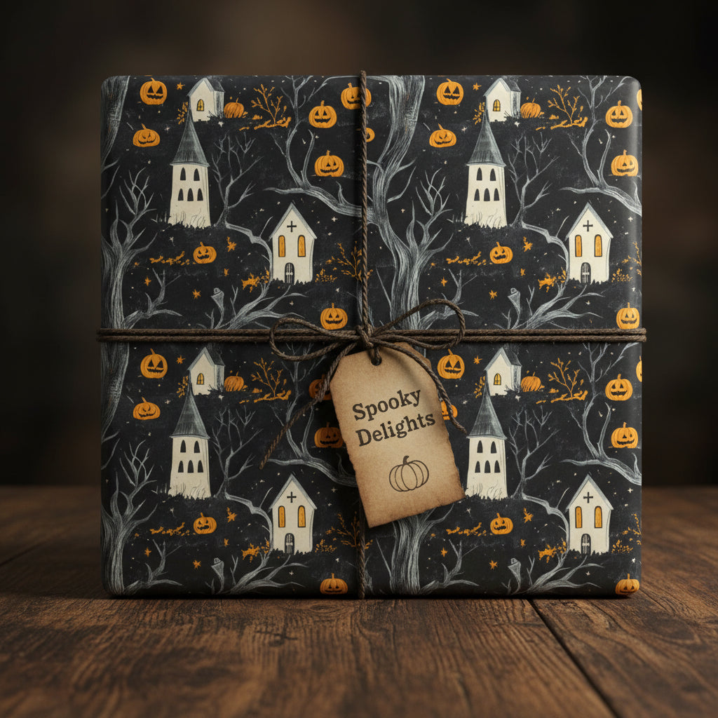 Gift wrapped in Halloween wrapping paper with a dark spooky house and pumpkin design.