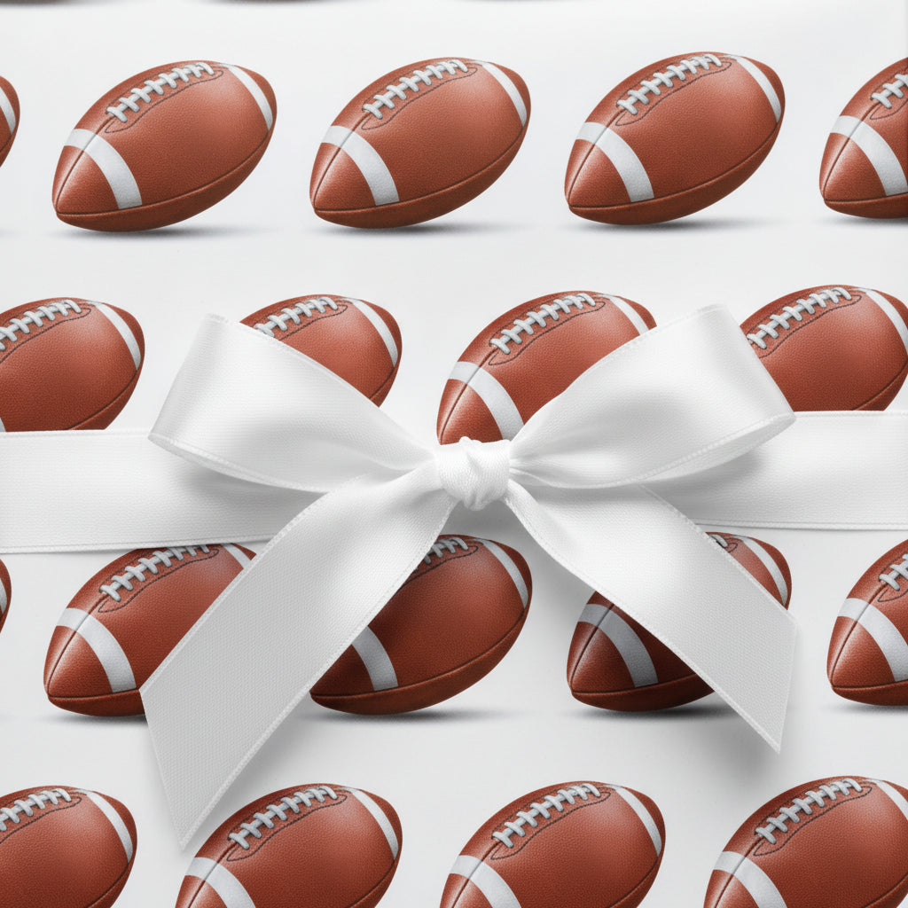 Football wrapping paper with a white satin bow, perfect for a sports fan's gift.