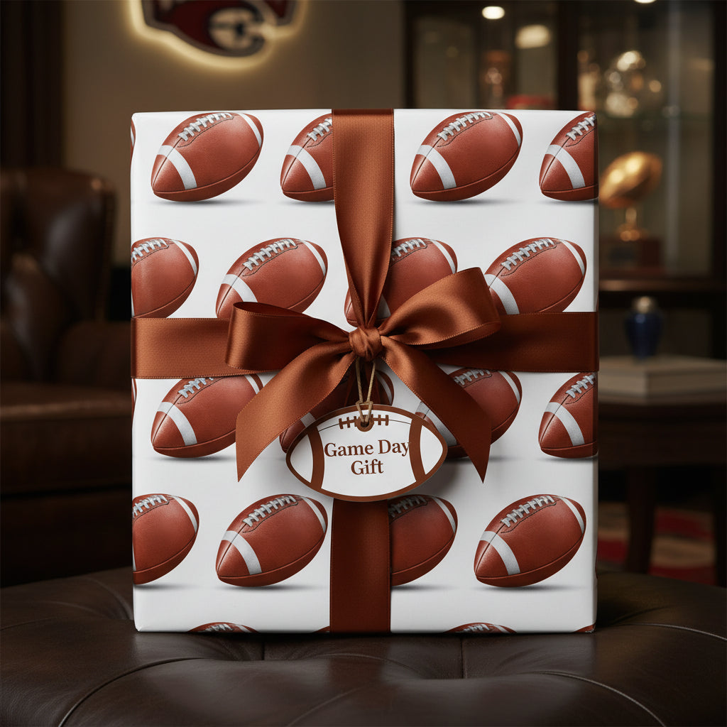 "Game Day Gift" football wrapping paper with brown ribbon bow.