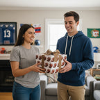 Man handing woman a gift wrapped in football-themed wrapping paper with burlap ribbon.