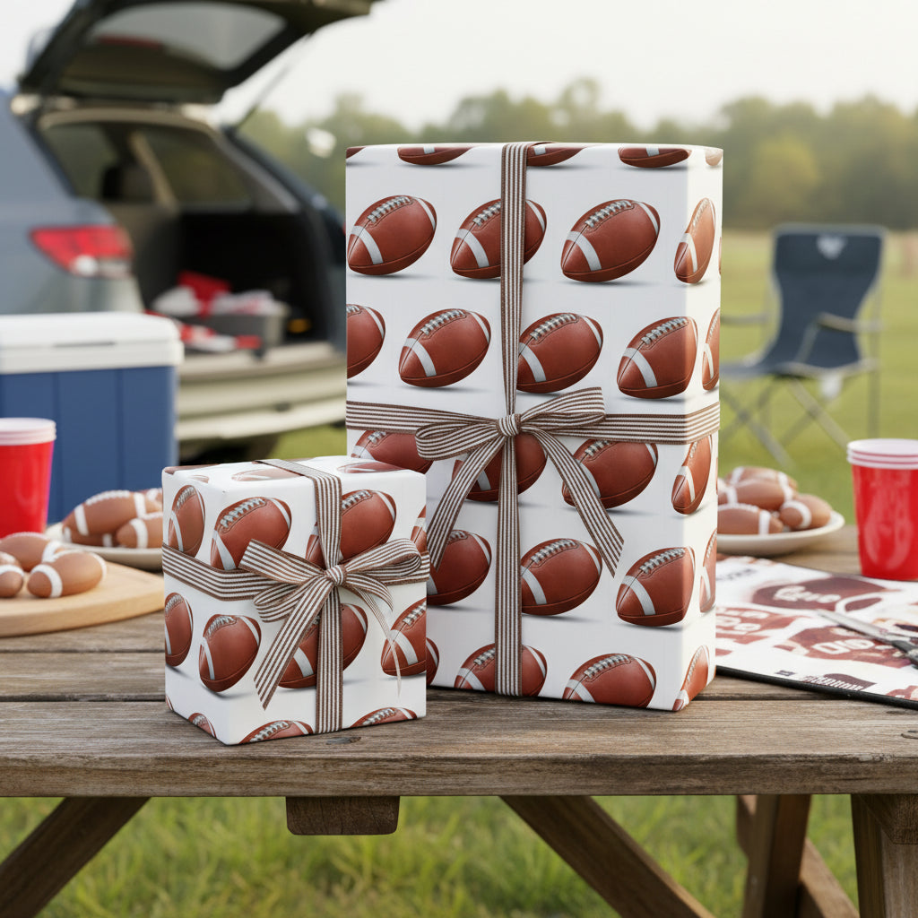 Football wrapping paper at a tailgate! Gifts wrapped with striped ribbon and football design.