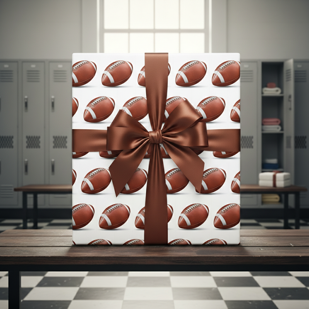 Football gift wrap with brown satin ribbon, perfect for sports fan birthdays.
