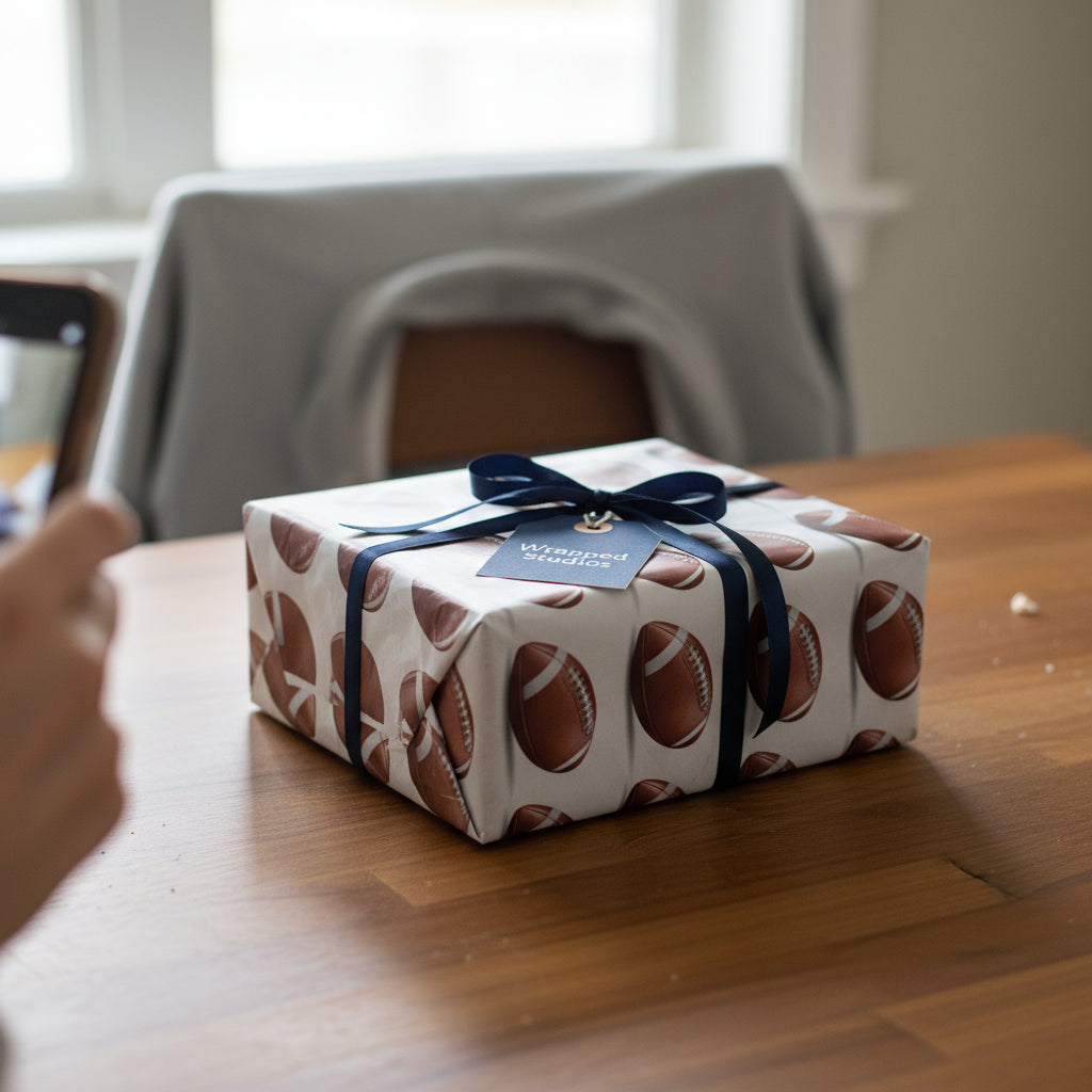 Wrapped Studios football wrapping paper gift with a navy ribbon and tag on a wood table.