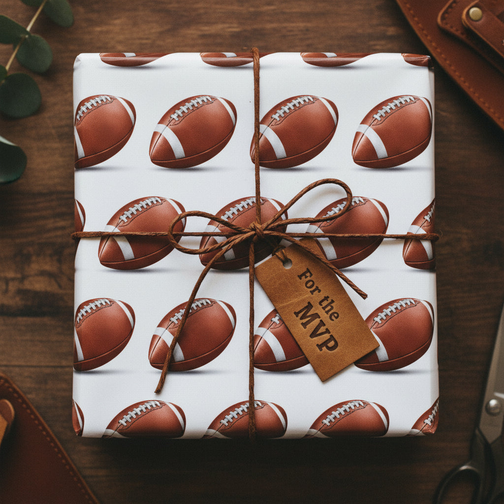 Football gift wrap with twine bow and "For the MVP" tag. Perfect for a sports-themed birthday party.