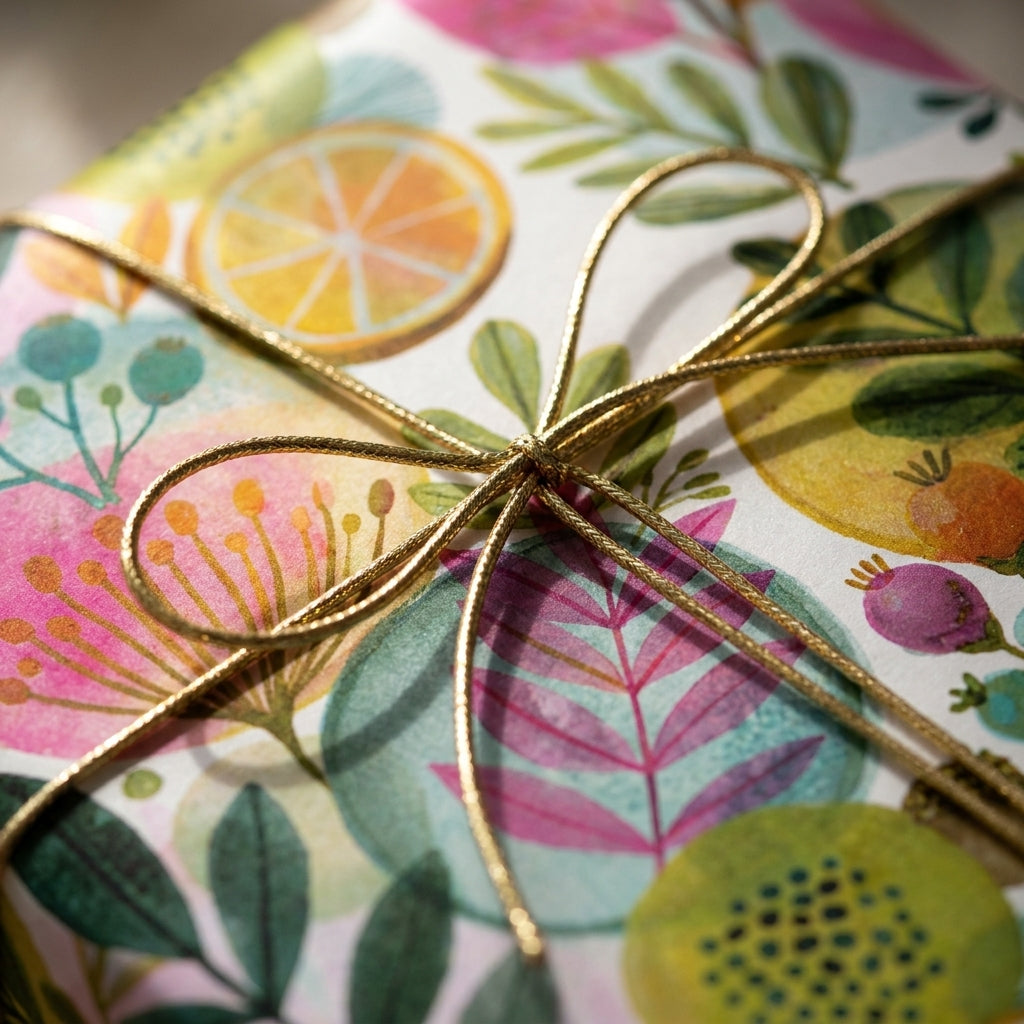 Vibrant floral wrapping paper with a botanical citrus pattern and gold string bow by Wrapped Studios.