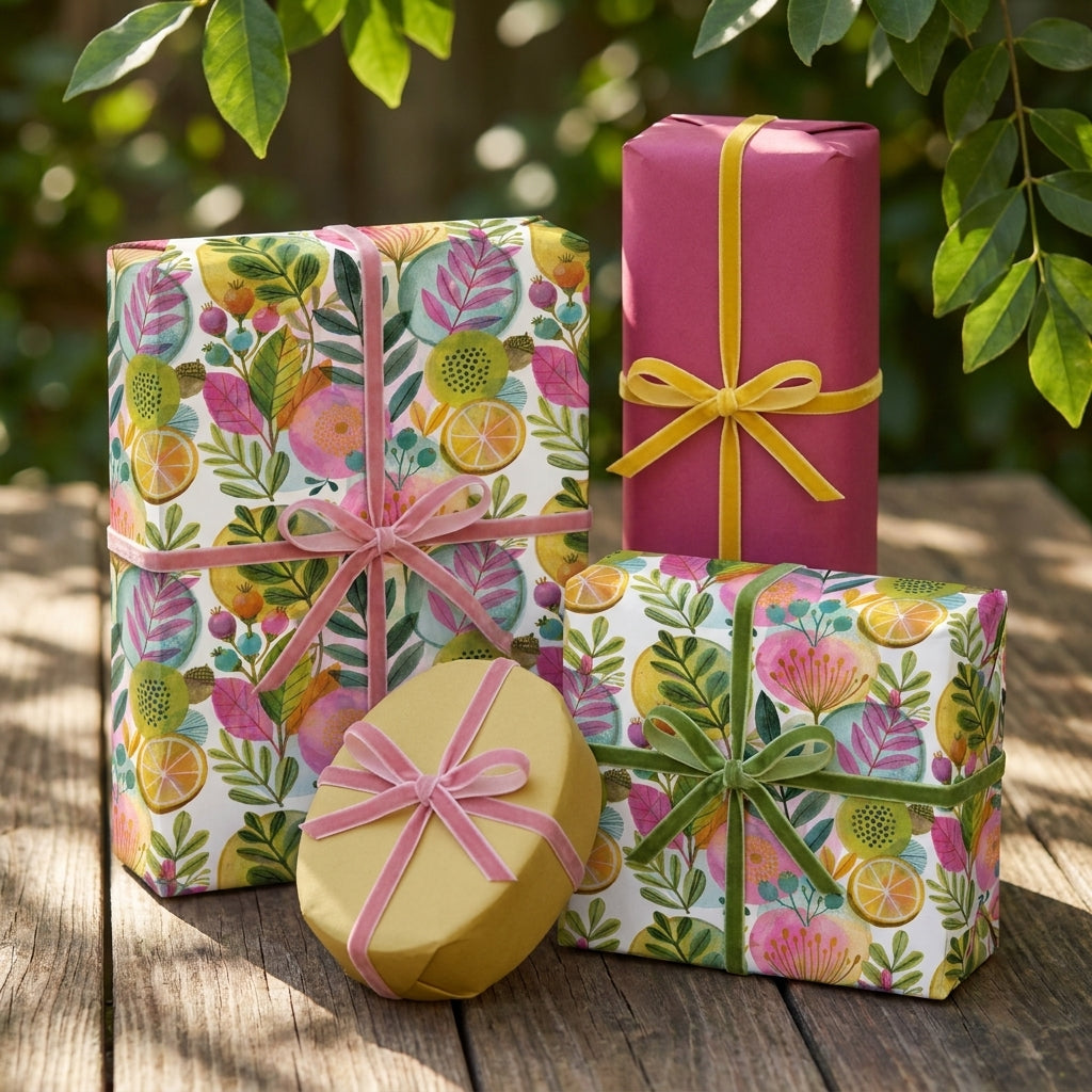 Luxury botanical floral wrapping paper with velvet ribbons on gift boxes by Wrapped Studios.
