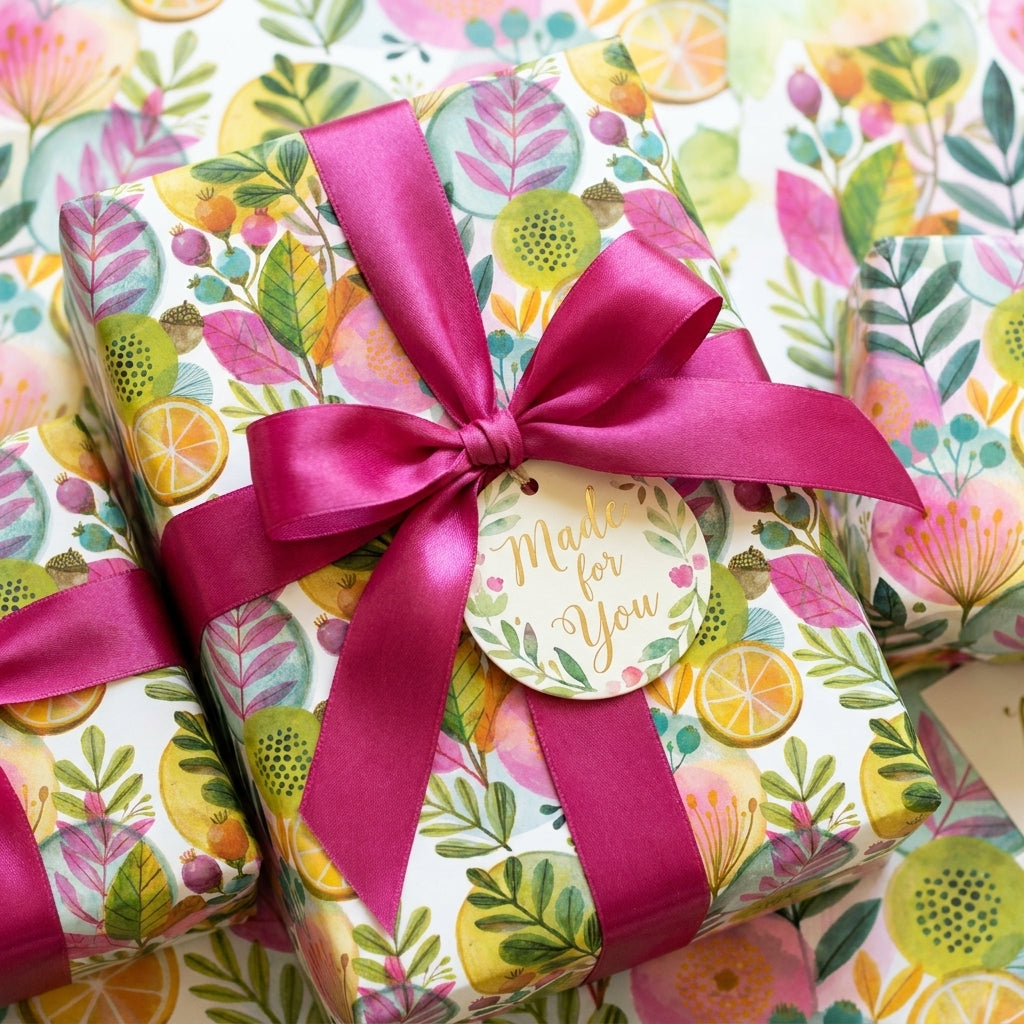 Luxury botanical floral wrapping paper with a fuchsia ribbon and gift tag by Wrapped Studios.