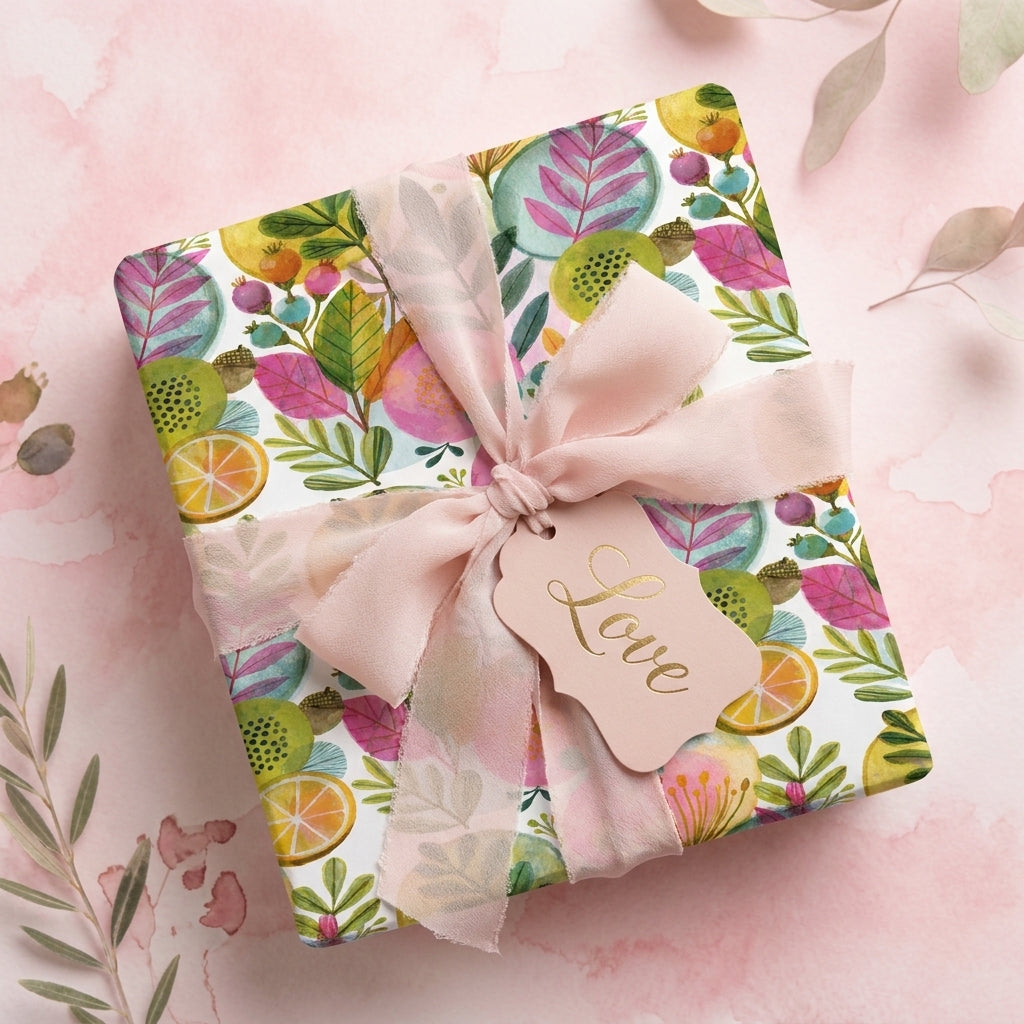 Watercolor floral wrapping paper with a pink chiffon ribbon and Love tag by Wrapped Studios.