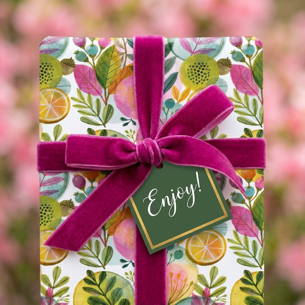 Luxury floral wrapping paper with a magenta velvet bow and gift tag by Wrapped Studios.