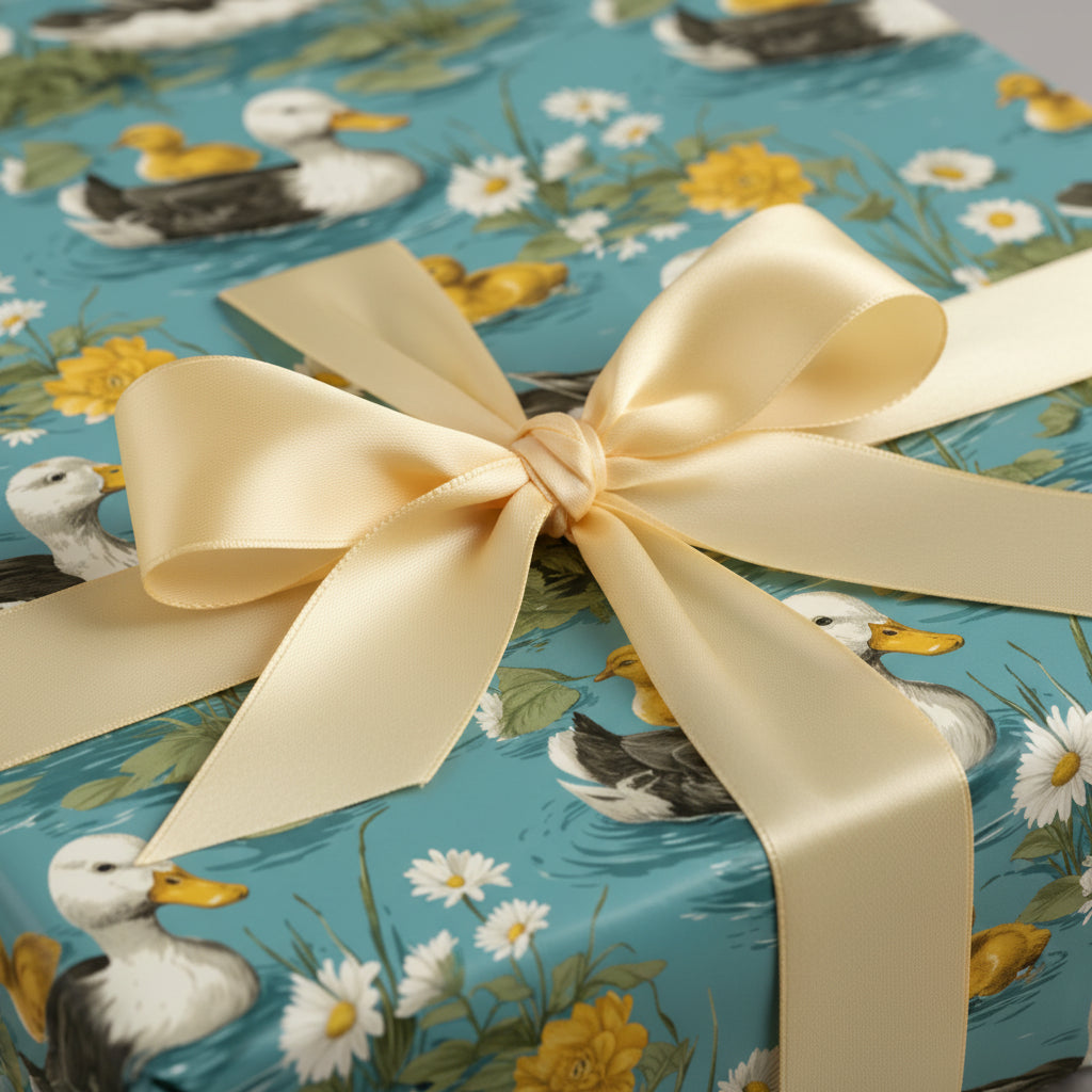 Wrapped gift with duck and floral wrapping paper, tied with a satin ribbon.