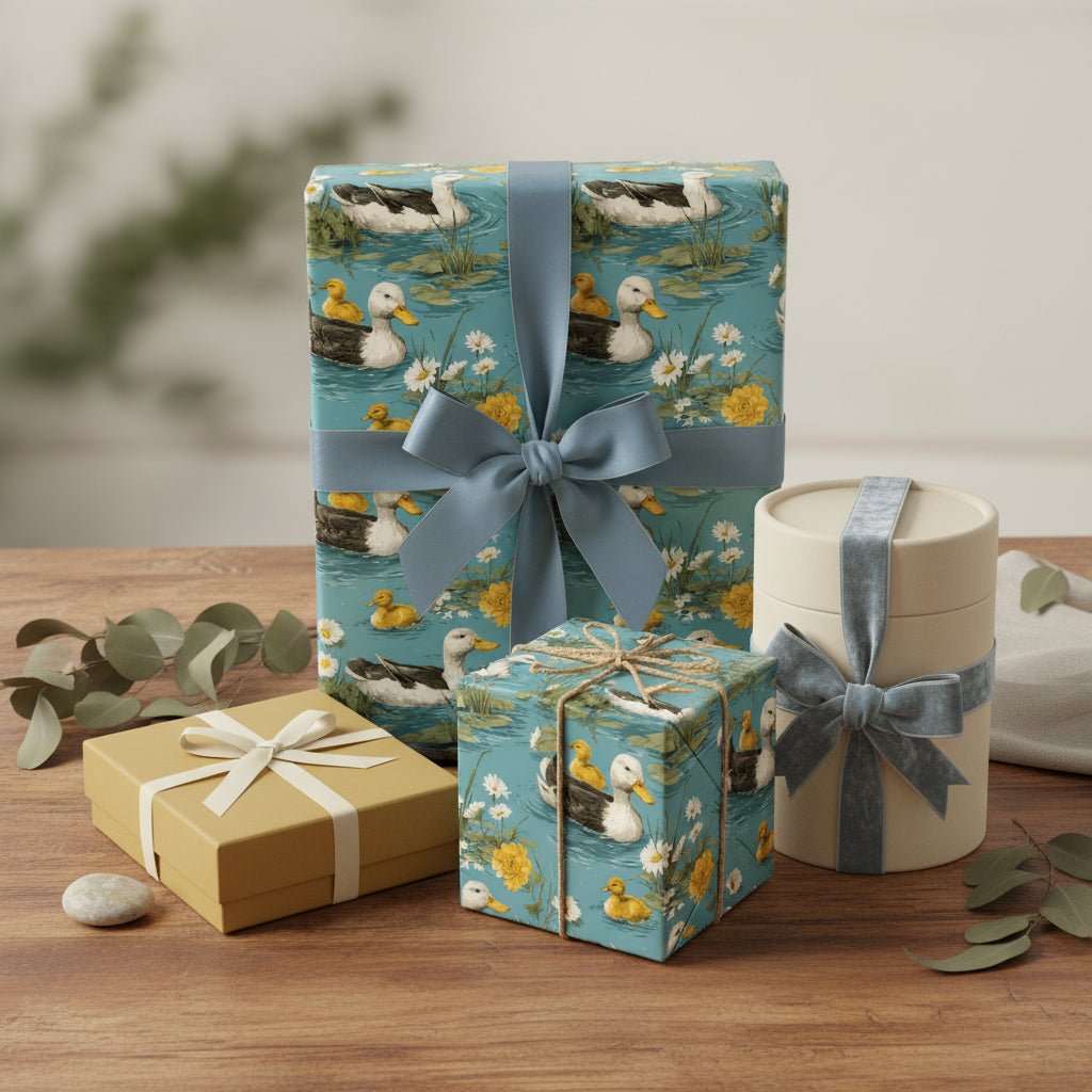 Gifts wrapped in duck and floral wrapping paper with blue and neutral ribbons for birthdays or other special occasions.