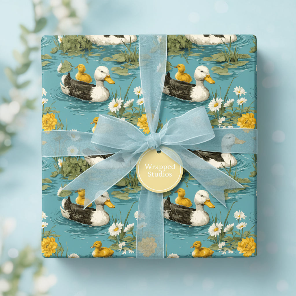 Square gift wrapped in duck and flower patterned wrapping paper with a sheer blue ribbon and bow.