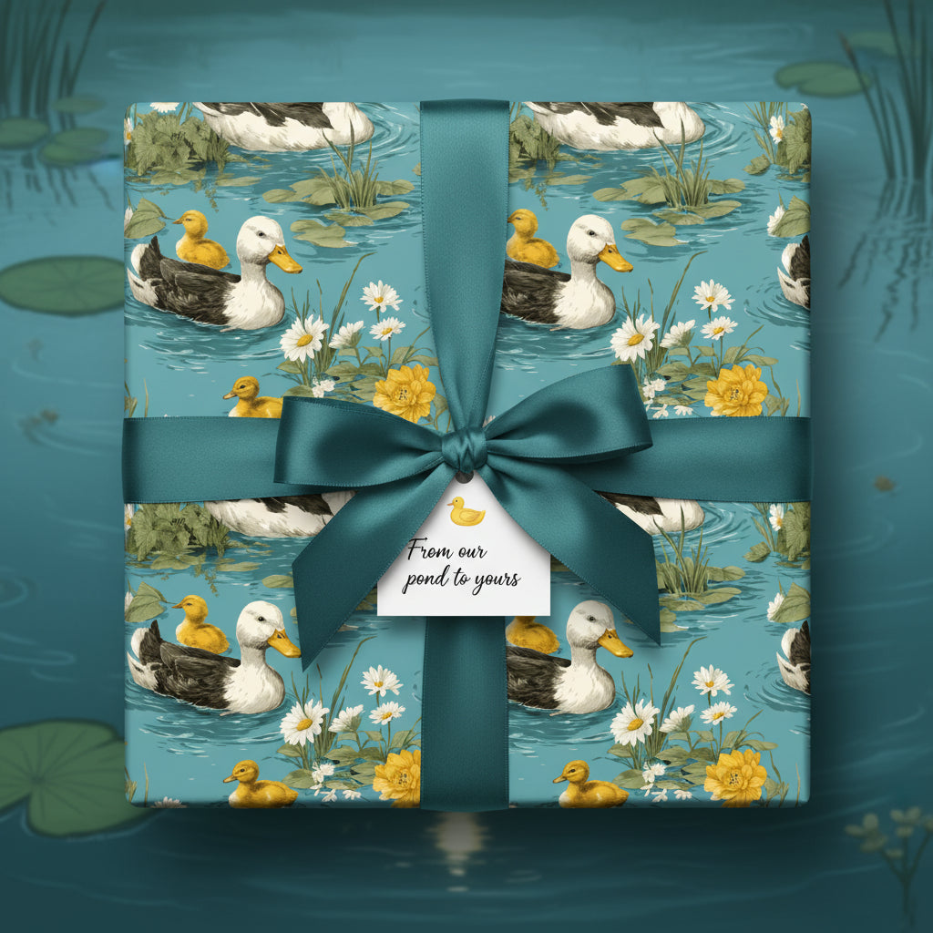 Elegant gift wrapped in blue duck-themed wrapping paper with a teal satin bow and a "From our pond to yours" tag.