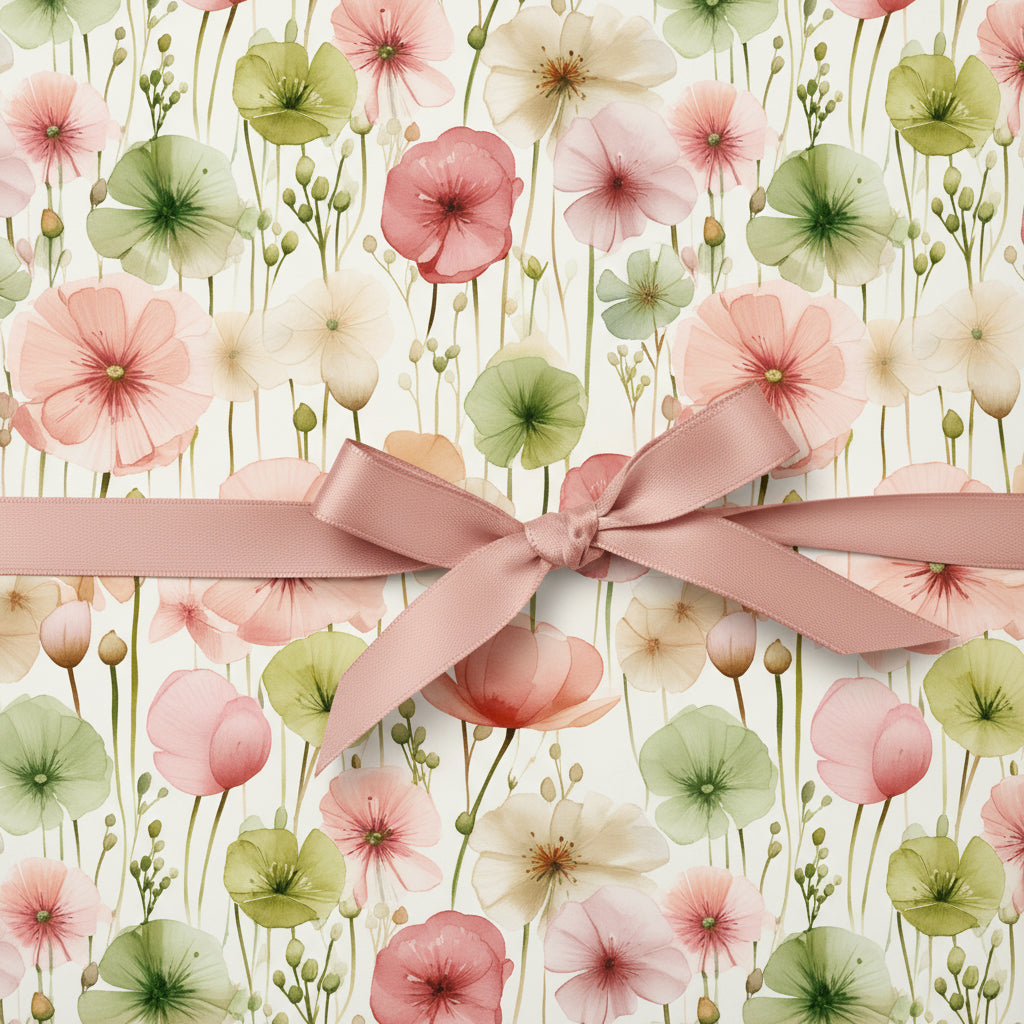 Gift box wrapped in elegant floral wrapping paper with a blush-colored satin ribbon.