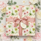 Elegant floral wrapping paper with a satin ribbon and bow, perfect for birthday gifts.