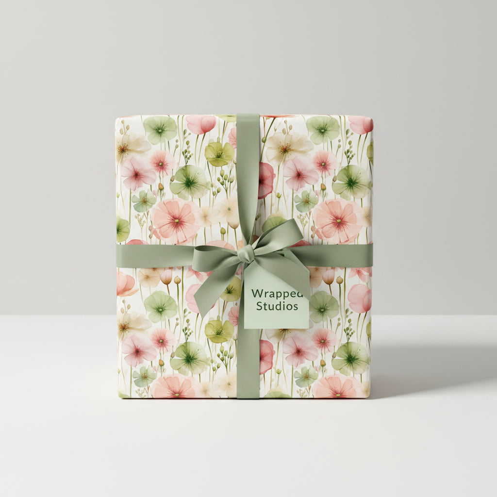 Elegant gift box in floral wrapping paper with a sage green ribbon.