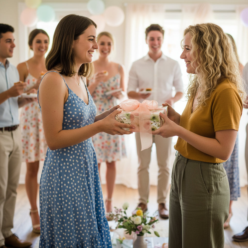 Woman presents a floral birthday gift wrapped in floral paper with a pink ribbon at a party.