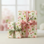 Elegant gifts wrapped in floral wrapping paper with pink and sage green ribbons.