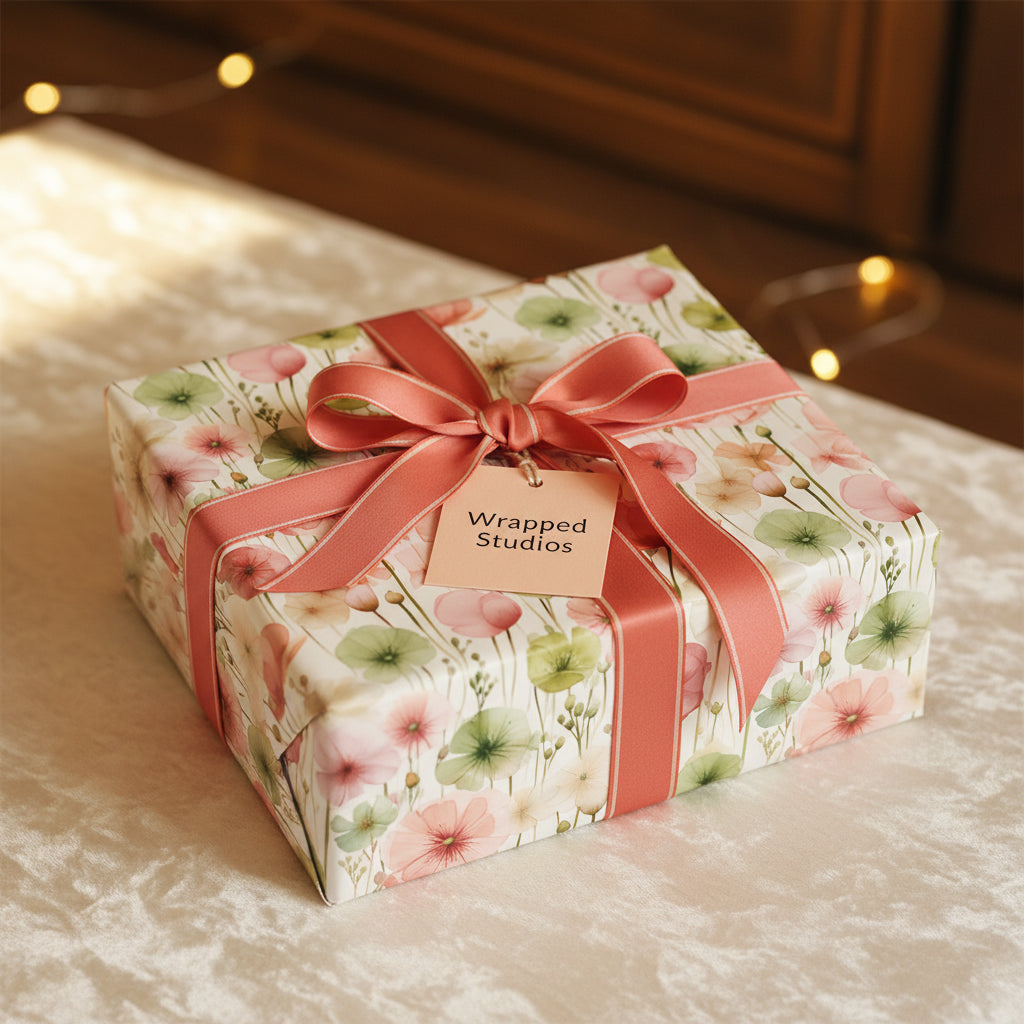 Elegant square gift wrapped in floral wrapping paper with coral ribbon and bow.