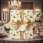 Elegant gift wrapped in floral wrapping paper with a gold ribbon on a formal dining table.