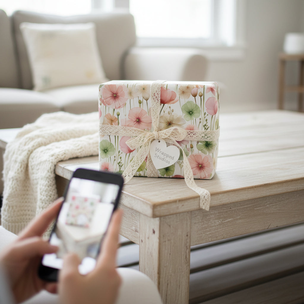 Square gift wrapped in floral wrapping paper with lace ribbon, photographed in a home setting.