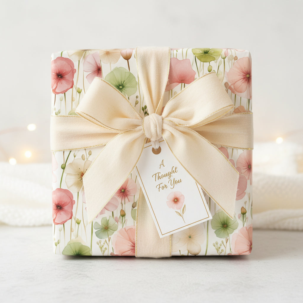 Elegant floral wrapping paper with a cream-colored ribbon, bow, and gift tag saying "A Thought For You."