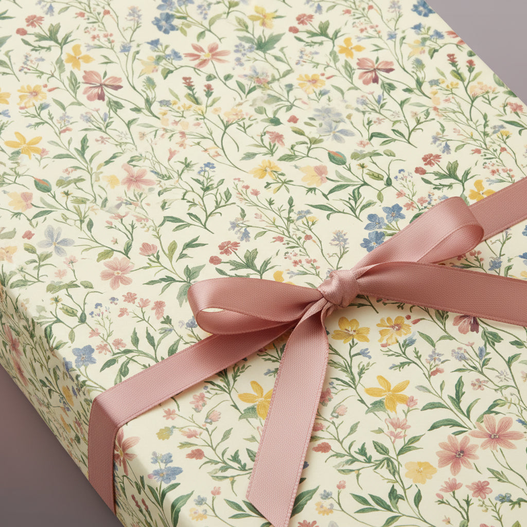 Gift box wrapped in floral wrapping paper with a blush pink ribbon and bow.