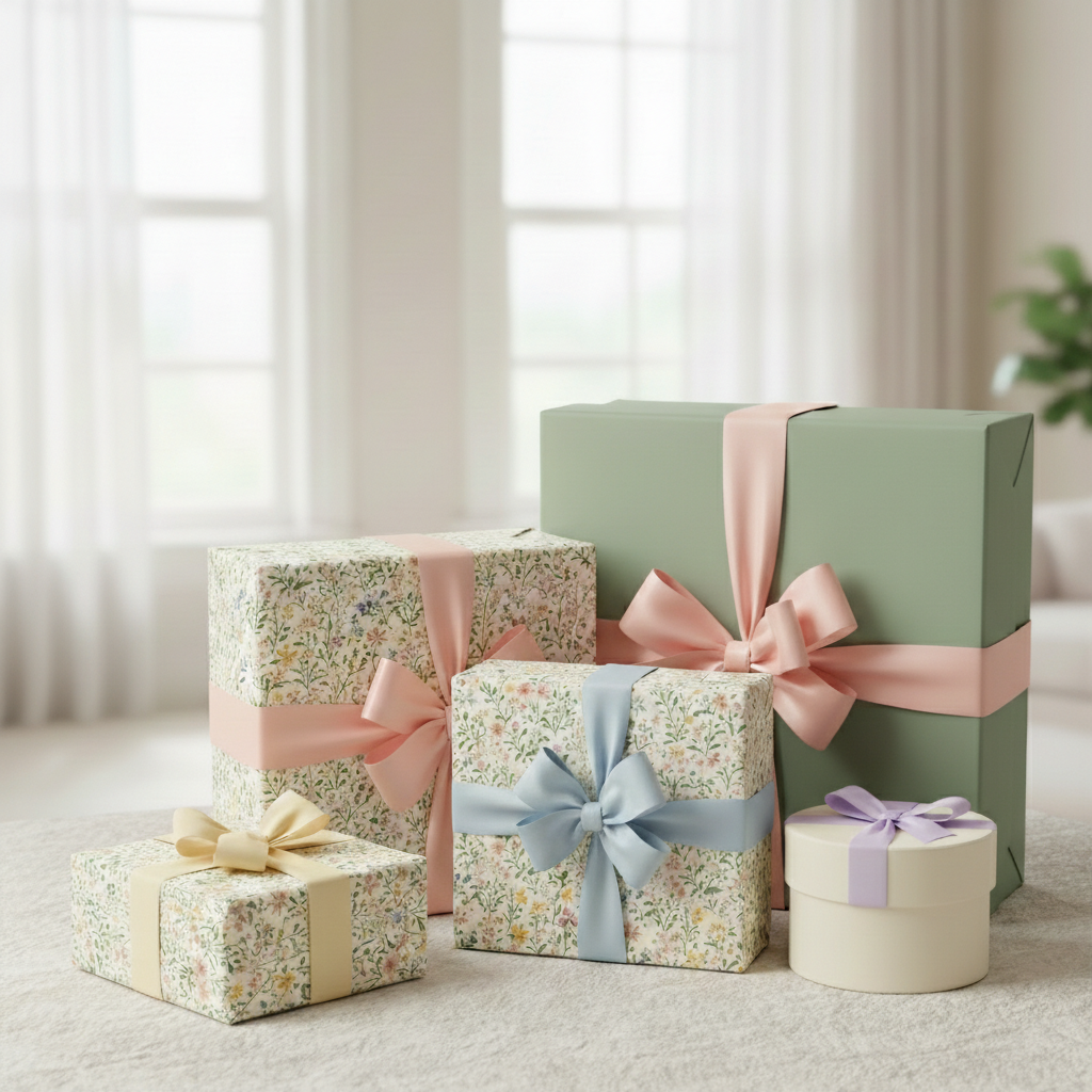 Elegant gifts wrapped in floral wrapping paper with pastel ribbons, displayed in a bright room.