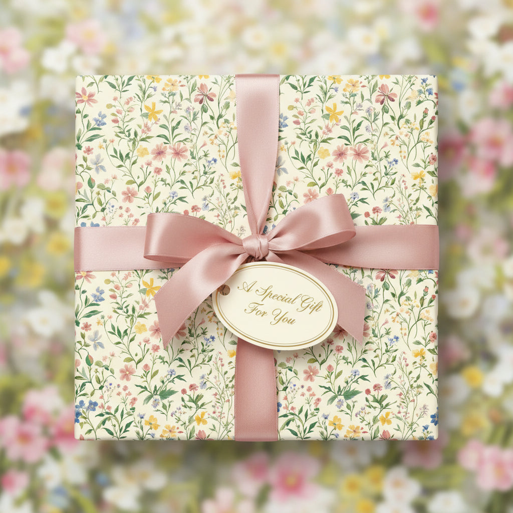 Square gift wrapped in floral wrapping paper with a blush ribbon and "A Special Gift For You" tag.