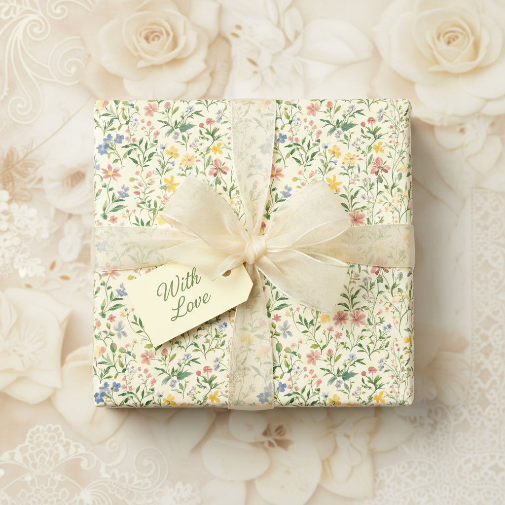 Square gift wrapped in vintage floral wrapping paper with cream ribbon and "With Love" tag.