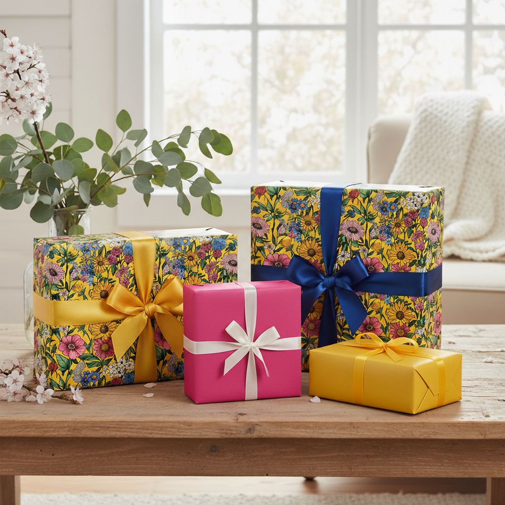 Bright floral wrapping paper on gifts with colorful ribbon accents on a wooden table.