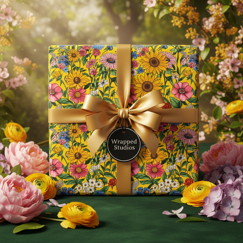Bright yellow floral wrapping paper with gold ribbon and bow, surrounded by flowers.