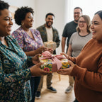 Exchanging gifts wrapped in colorful floral wrapping paper with a pink bow at a happy celebration.