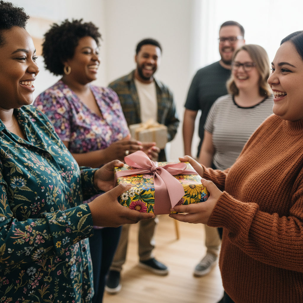 Exchanging gifts wrapped in colorful floral wrapping paper with a pink bow at a happy celebration.