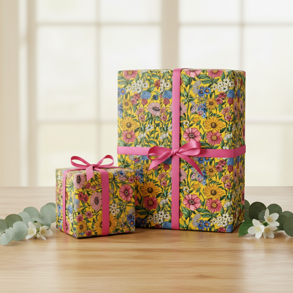 Two gifts wrapped in yellow floral wrapping paper with pink ribbon.