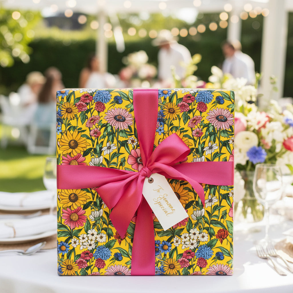 Bright floral wrapping paper with a pink ribbon on a gift at an outdoor party.