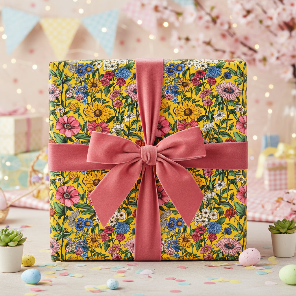 Bright yellow floral wrapping paper with a pink velvet ribbon, perfect for a spring birthday gift.
