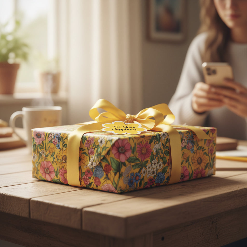 Gift wrapped in yellow floral wrapping paper with a matching ribbon and a "For Your Happiness" tag.